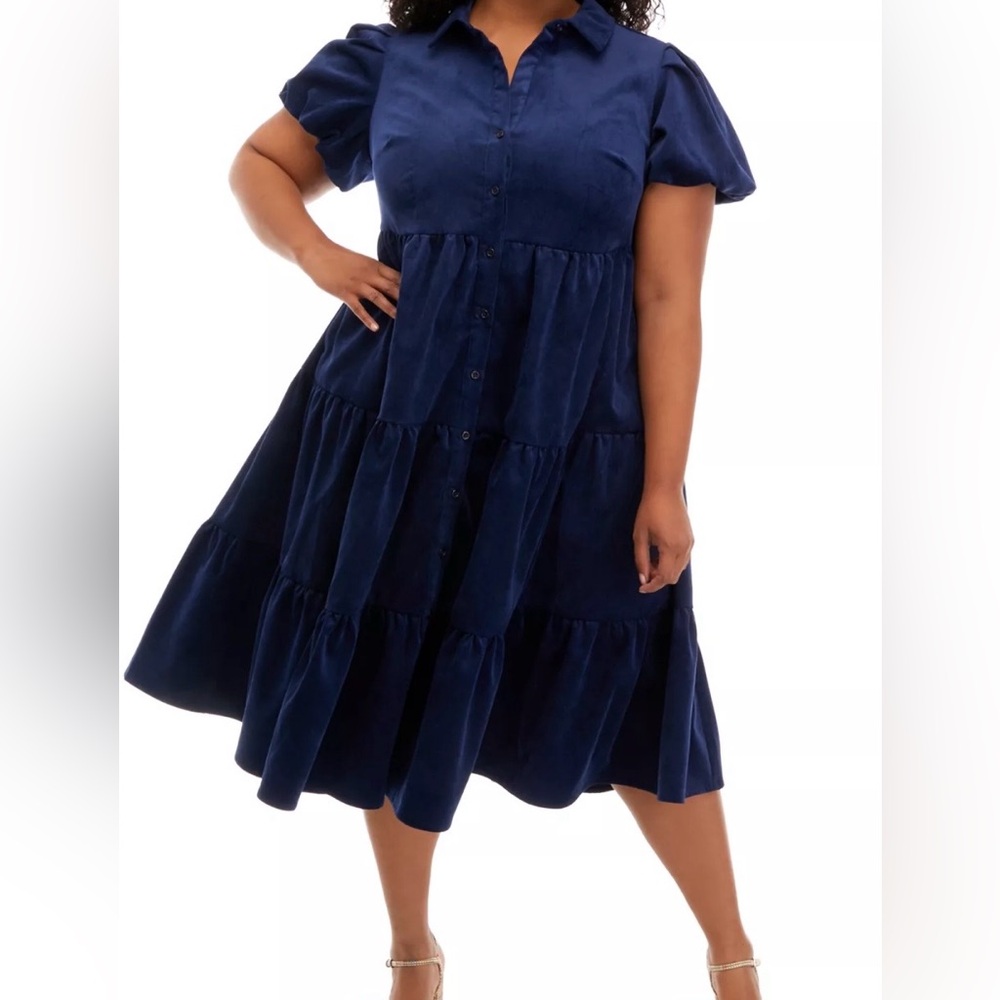 crown & ivy Navy Tiered Midi Shirt Dress